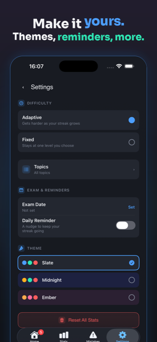 Screenshot of the Settings screen showing adaptive difficulty, exam reminders, and theme options